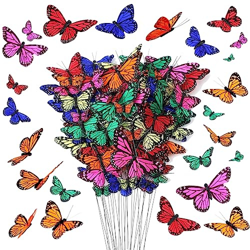 Lyrow 72 Pcs Monarch Butterfly Decorations 4 Size Artificial Feather Butterfly Decor on Picks Crafts with Wire for Spring Wall Flower Party Home Decor(Cute Color)