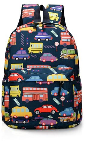 TOPWAYS School Bag, Cute Dinosaur Kids Backpack (Dark Blue Car) | Multifunctional Waterproof Nylon Rucksack Elementary Schoolbag Book Casual Daypack for Girls Boys