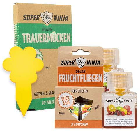 Super Ninja Trappola moscerini frutta - 10 trappole adesive per moscerini piante e 2 cattura mosche della frutta, altamente efficaci, adatta a bambini e animali domestici, fino a 3 mesi di prestazioni