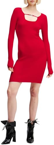 KARL LAGERFELD JEANS Donna Long Sleeve Knitted Logo Dress Rosso di Pompei XS