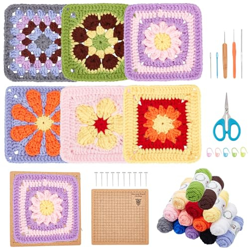 Kit cuadrado 6 en 1 ORIGACH para principiantes y adultos, hecho a mano, juego de ganchillo con alfombrilla de bloqueo de madera, tutoriales en video