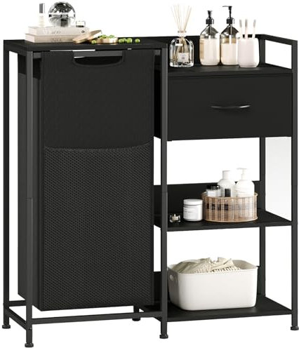 Somdot Laundry Hamper with Fabric Drawer and Shelves, Laundry Basket Sorter with 60L Pull-Out and Removable Bag, Black