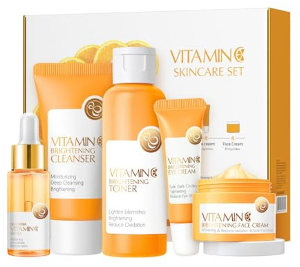 Vitamin C Hautpflege-Set 5-in-1 mit Reiniger, Toner, Serum, Augen- und Gesichtscreme, Hautpflege-Set für Teenager-Mädchen, Reisegröße für Frauen im Teenageralter (Vitamin