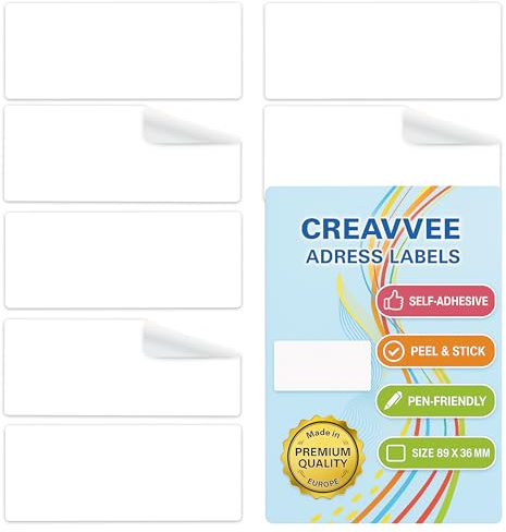 Creavvee® 112 Pack White Address Labels – Self-Adhesive Labels 89 mm x 36 mm – Easy to Write On – Strong Stick, Easy Peel – Ideal for Mailing, Shipping, Organizing, Office & Home Use