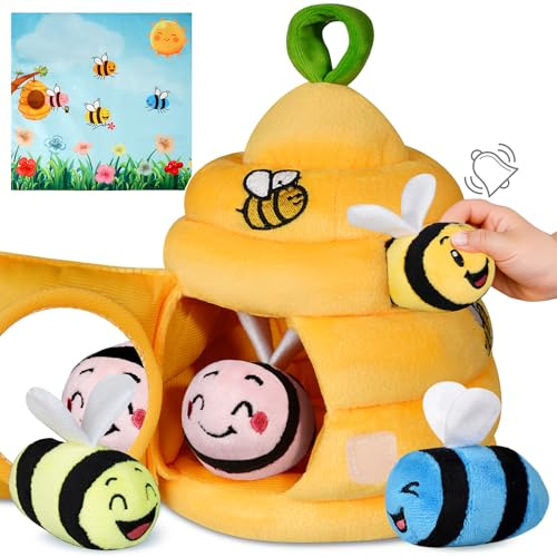 TOGOU2S Baby Soft Toys for 6-12 Months, Beehive Plush Toy with 4 Sensory Bees - Rattle, Squeaker, Mirror, Play Mat, Montessori Toys for Toddlers, Newborns/Birthday/Easter