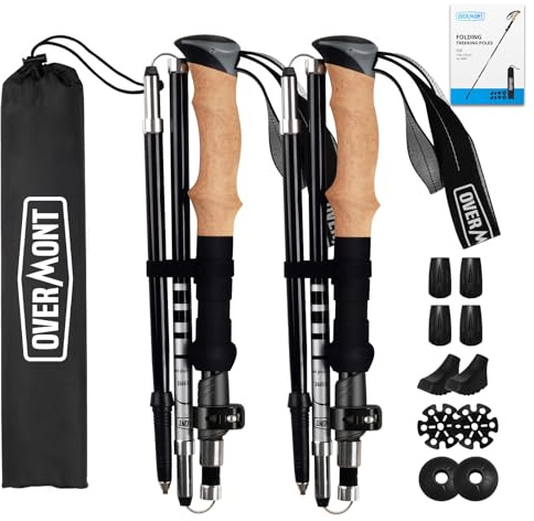 Overmont Collapsible Lightweight Trekking Poles – 2 Pack Carbon Fiber Hiking Sticks for Women Men – All Terrain Accessories and Carry Bag for Camping Hiking Mountaineering - Black