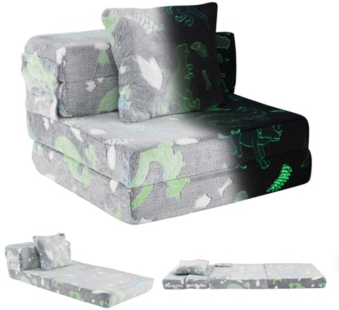 COSTWAY Canapé-lit Enfant Brillant dans Le Noir avec Motif Dinosaure & Oreiller, Matelas de Sol Pliable en Flanelle avec Housse Lavable en Machine, Canapé Modulaire pour Chambre Salle de Jeux (Gris)