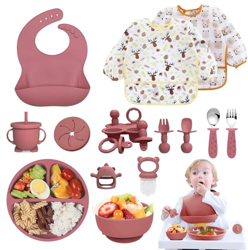 Coffret Repas Bebe 14 pièces, Vaisselle Antiderapant pour Bébé Set Silicone avec Ventouse Assiette Bol Fourche Cuillère Bavoir et Tasse, Enfant Set Couverts Vaisselle Pour Sevrage Manger (Rose foncé)