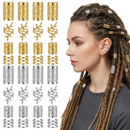 MNYXIS 160 Pezzi Accessori per Capelli Dreadlocks, Gioielli per Capelli Trecce con Anelli e Perline, Clip per Capelli Donna e Uomo, Decorazioni per Treccine e Dreadlock in Oro e Argento