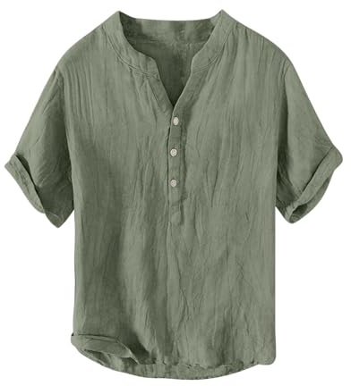 Camisa de lino para hombre, manga corta, verano, cuello en V, bolsillos, camiseta Henley, transpirable, talla grande, camiseta deportiva con cuello Henley, informal, holgada, camisa de trabajo