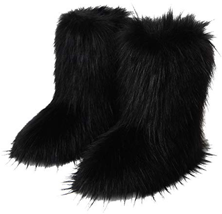 Gegefur Women's Faux fur Boot Furry Fluffy Short Snow Boot Mid-Calf Boots Warm Comfortable Outdoor Flat Shoes (black, numeric_11)