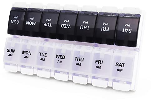 Large Pill Boxes and Organizer 2 Times a Day, MOLN HYMY 7 Day AM PM Pill Case, 14 Compartments Pill Dispenser to Hold Big Vitamin Supplements Fish Oil (Black+White)