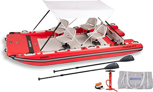 Sea Eagle FastCat Catamaran 2-4 Person Inflatable Boat-Rigid, High-Pressure, All-Drop Stitch, Easy Setup, Self-Bailing (FastCat14 Swivel Seat Canopy Package)