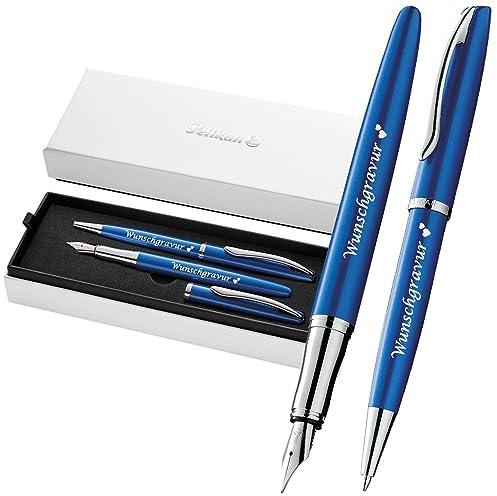 Pelikan Füller & Kugelschreiber Jazz® Noble Elegance im Set mit Wunschgravur | inkl. Geschenkeuti | Emoji Gravur | Saphire Blau Schreibset mit Gravur PS201