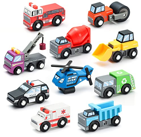 SainSmart Jr. Wooden Train Set Accessories Toy Cars (10 PCS), Compatible with All Major Brands, Gift for Toddlers and Kids Aged 3+