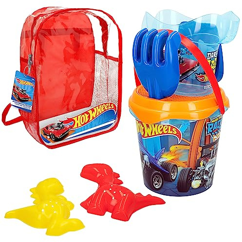 ColorBaby 77395 Hot Wheels Set de Plage pour Enfant avec Pelle, râteau, arrosoir et Accessoires, Sac à Dos de Plage pour Enfants, Sac à Dos avec Jouets