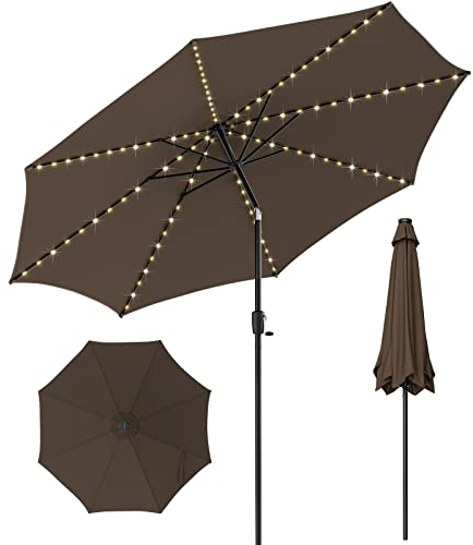 GOPLUS Sonnenschirm 300 cm mit LED-Solarleuchte, Balkonschirm mit Kurbel Knickbar, Gartenschirm Marktschirm Terrassenschirm für Balkon, Garten, Terrasse, Strand (Braun)