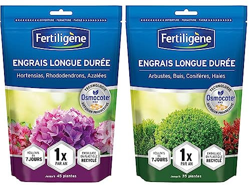 FERTILIGENE Engrais Longue durée Osmocote Max Hortensias, Rhododendrons, Azalées 700g & Engrais Longue durée Osmocote Max Arbustes, Buis, Conifères, Haies 700g