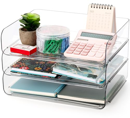 Okllen 3er Pack Stapelbare Papierfächer, Klares PET Schreibtisch Briefablage Set, 3-stufiges Dokumenten Organizer Fach für A4 Papier, Zeitschriften, Quittungen, Bürobedarf, 31,5 x 24,5 x 7 cm