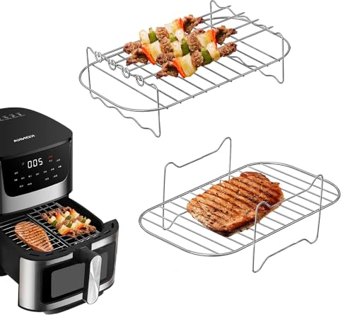 Grille pour Air Fryer 2 Pcs, Support Empilable Acier Inoxydable 304 Accessoires avec 4 Brochettes, Compatibles avec Ninja Foodi AF300EU AF400EU Cosori Cecotec Ultenic 7.6L-10L