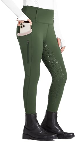 FitsT4 Sports Girls Riding Pants Full Seat High Waist Kids Equestrian Breeches Horse Schooling Tights Zipper Pockets Army Green Size M