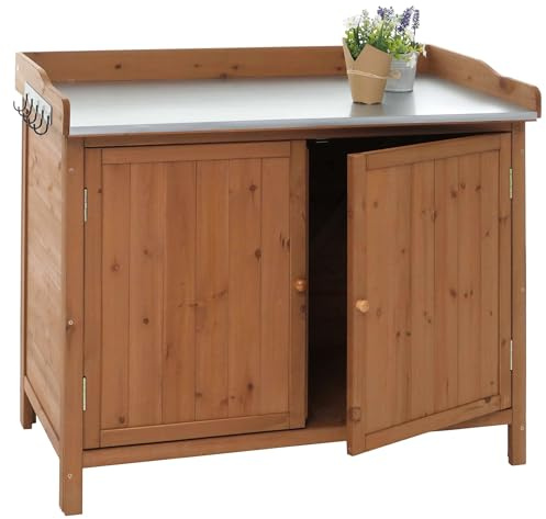 Mendler Gartenschrank mit Arbeitsplatte HWC-L69, Pflanztisch, Outdoor Tanne Holz FSC®-Zertifiziert 86x104x52cm - braun