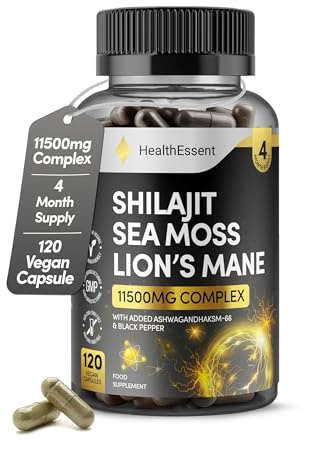 Shilajit Seamoss and Lions Mane Capsules, 11500mg 3-in-1 Brain & Focus Supplement with Ashwagandha & Black Pepper, High Strength Lions Mane Shilajit Blend for Energy & Immunity,120 Vegan Capsules