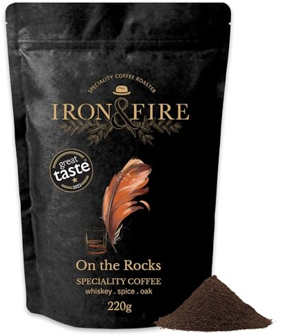 On the Rocks Whiskey Infused Coffee 220g Cafetiere/French Press Grind - Medium Roast with Whiskey, Spice & Oak Notes | Ideal for Espresso, French Press & Flat White Lovers - IRON & FIRE