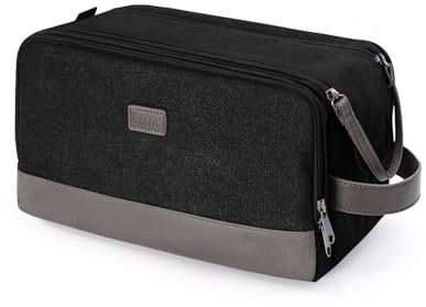 WANDF Kulturtasche für Herren, Reise-Kulturbeutel, Kosmetiktasche mit Segeltuch und PU Leder, Wasserabweisende Rasiertasche für Reisezubehör(Schwarz, Patent angemeldet)