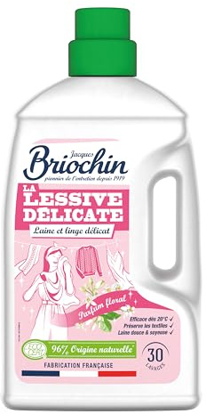 JACQUES BRIOCHIN – Lessive Spéciale Linge Délicat – Parfum Floral – Formule Douce au Savon de Marseille – 30 Lavages – 96% Origine Naturelle – Fabriquée en France – 1,35 L