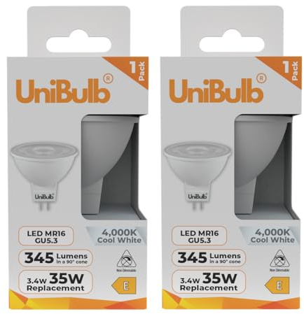 Unibulb GU5.3 MR16 3.4W Energy Efficient LED Spotlight Downlight Ceiling Light Bulb, 345 Lumens, 4000K Cool White, 35W Equivalent, 25,000hr Lifespan, 12V, Non-Dimmable (2)