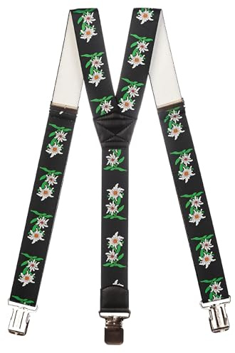 Olata Heavy Duty Herren-Hosenträger Y-Form mit Edelweiß Muster – 4 cm. Schwarz