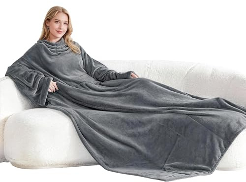 shallyong Grigio Calda Coperta a Maniche, Coperta con Tasca, Indossabile Plaid, 180x140cm, Adulti Plaid con Maniche, Morbida, Calda, Indossabile Copertas TV per Divani, Uffici, Scrivanie, Campeggio