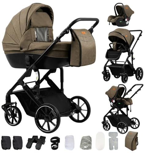 Aveainelle Travel-System 4 in 1 inklusive Baby-Kinderwagen Kinderwagen Babytragetasche, für 0-4 Jahre Baby, bis zu 25 kg, Ganzjahresanwendbar (Khaki)