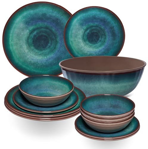 Melamin Geschirr Set Jesolo Grün für 4 Personen 13 Teile mit Salatschale Steingutoptik Spülmaschinengeeignet Essgeschirr Campingzubehör Campinggeschirr Wohnwagen Camping Festival Picknick Gartenparty