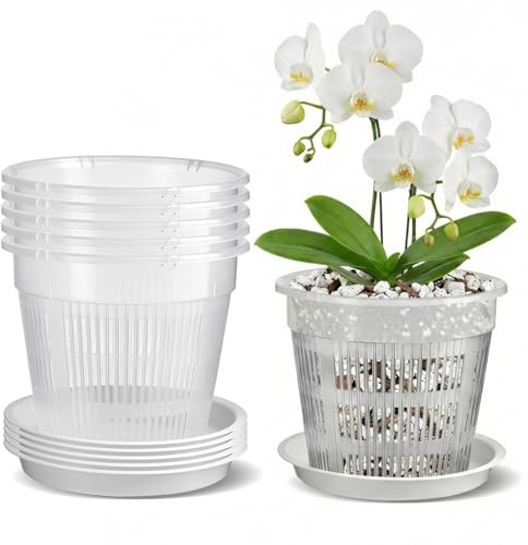 Dwitkul 5 Piezas Macetas para Orquídeas, Macetero Transpirable de 14 CM con Agujeros de Drenaje y Platillo Incluido, para Phalaenopsis, Macetas de Orquídeas de Interior, Jardín o Terraza