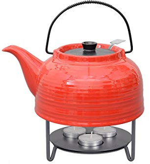 Teeservice „Nelly“. Moderne Teekanne 1,5 Liter in rot-schwarz aus hitzebeständiger Keramik mit Edelstahlfilter und Metall-Stövchen.
