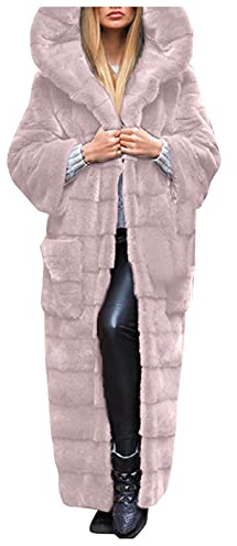 Abrigo de invierno para mujer, chaqueta con capucha de piel sintética, chaqueta larga de invierno para mujer, elegante, cárdigan, chaqueta larga de entretiempo, chaqueta de felpa con pelo, Rosa., XXL