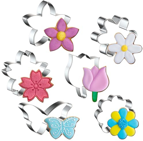 FUSOTO 6PCS Flower Cookie Cutter Set, 3 Inches Flower Shaped Cookie Cutter-Daisy, Tulip, 3 Shaped of Flowers, Butterfly, Stainless Steel Cookie Cutters, Baking Tool for Homemaking Cookie