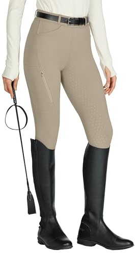 WILLIT Reitleggings Damen Reithose Silikon Vollbesatz High Waist Stretch Reithose mit Reißverschlusstasche Gürtelschlaufen Khaki XS