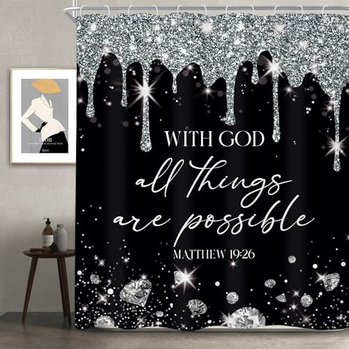 Newsely Duschvorhang mit schwarzen und silbernen Diamanten, 152,4 x 183,9 cm (ohne Glitzer), moderner schwarz-weißer Bibelvers, luxuriös, christliche Schrift, Badezimmer-Set, Damen, wasserdicht,