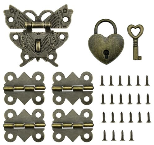 MARRTEUM 1 Set Retro Engraved Jewelry Box Hinges Hasp Catch Lock Set, Decorative Hardware Kit with Screws for DIY Wooden Case Furniture Cabinet Suitcase Decoration and Repairs (Antique Bronze)