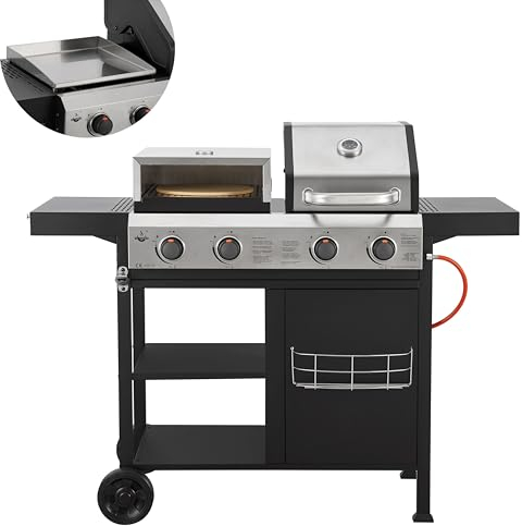 Kombigrill BOSTON von El Fuego® | 3-in-1 Gas, Pizza & Plancha-Grillplatte | inkl. Gasschlauch und Druckminderer | Grillrost aus Gusseisen | mit Thermometer und großen Seitenablagen | Grill BBQ | AY0