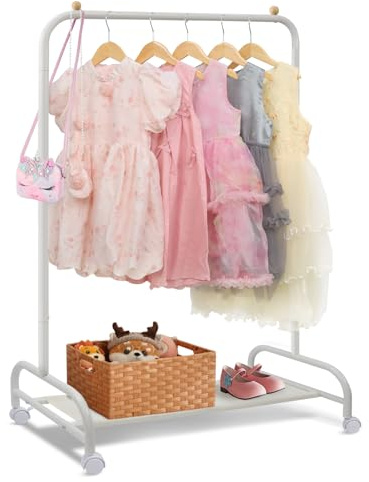 YGJT Kids Clothes Rail, Childrens Clothes Rack Heavy Duty Clothe Rail on Wheels, White Portable Hanging Rail for Kid Bedroom, Small Kids Dress Up Rail for Coat, Skirts, 80X115 cm