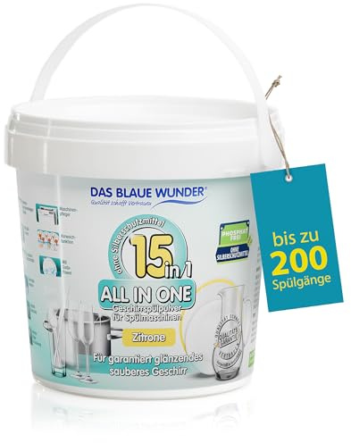 Das Blaue Wunder All In One Geschirrspülpulver 15in1 1.000g | Spülmaschinenpulver | 15 Funktionen | sehr ergiebig | Power Entkruster | Maschinenpflege | phosphatfrei (Zitrone)