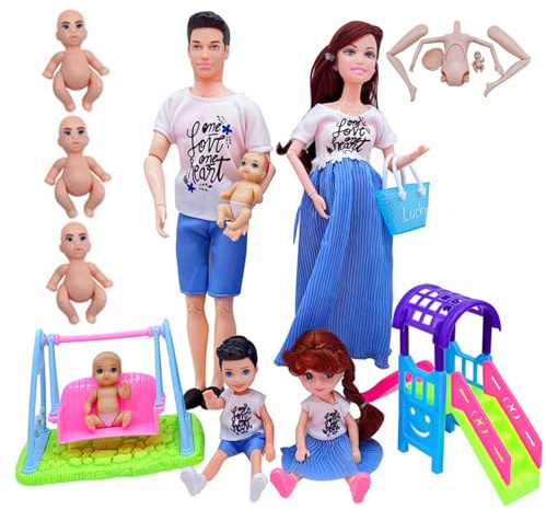 Family Doll Set, Realistic Safe Pregnant Doll with Baby in Tummy, Dad & 2 Kids, 5 People with Dollhouse Accessories Pretend Play Toy for Kids Baby Toys Pregnant with in Tummy