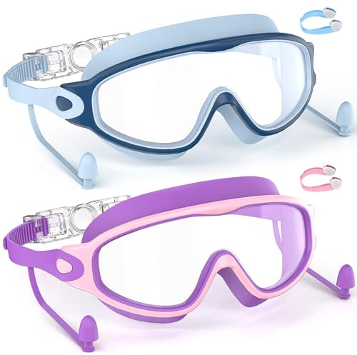 SHINER Swim Goggles for Kids 3-15 with Earplugs Large Frame Anti-Fog/UV Swimming Goggles for Boys Girls Toddler 2PCS (Maca Blue & Pink Purple)