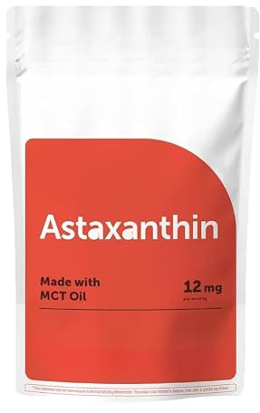 Astaxanthin 12 mg tillägg, med MCT-olja | Naturlig antioxidant för ögon, leder, hudhälsa, mikroalger, icke-GMO, glutenfri