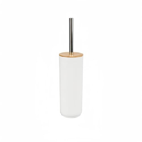 DAMDAM GO - Escobillero Plastico Blanco Palo Acero INOX Tapa Bambu 9,5x40 cm