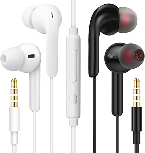【2Pares Negro + Blanco】 Auriculares Estéreo con Micrófono y Control de Volumen Compatible con Teléfono Móvil, Computadora, Computadora Portátil, MP3